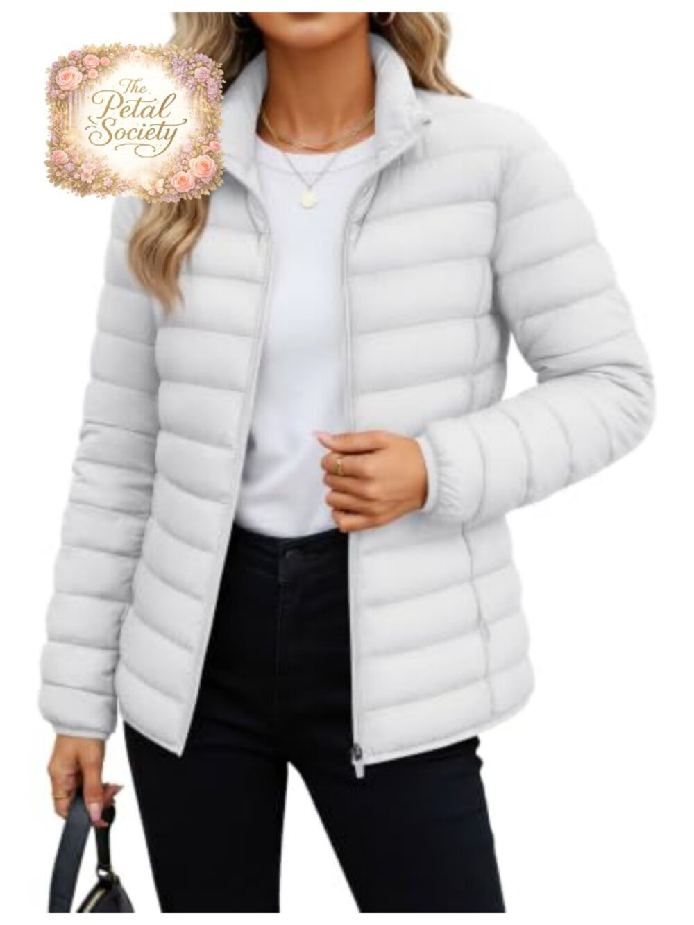 Lightweight Quilted Puffer Jacket Zip Pockets Stand Collar